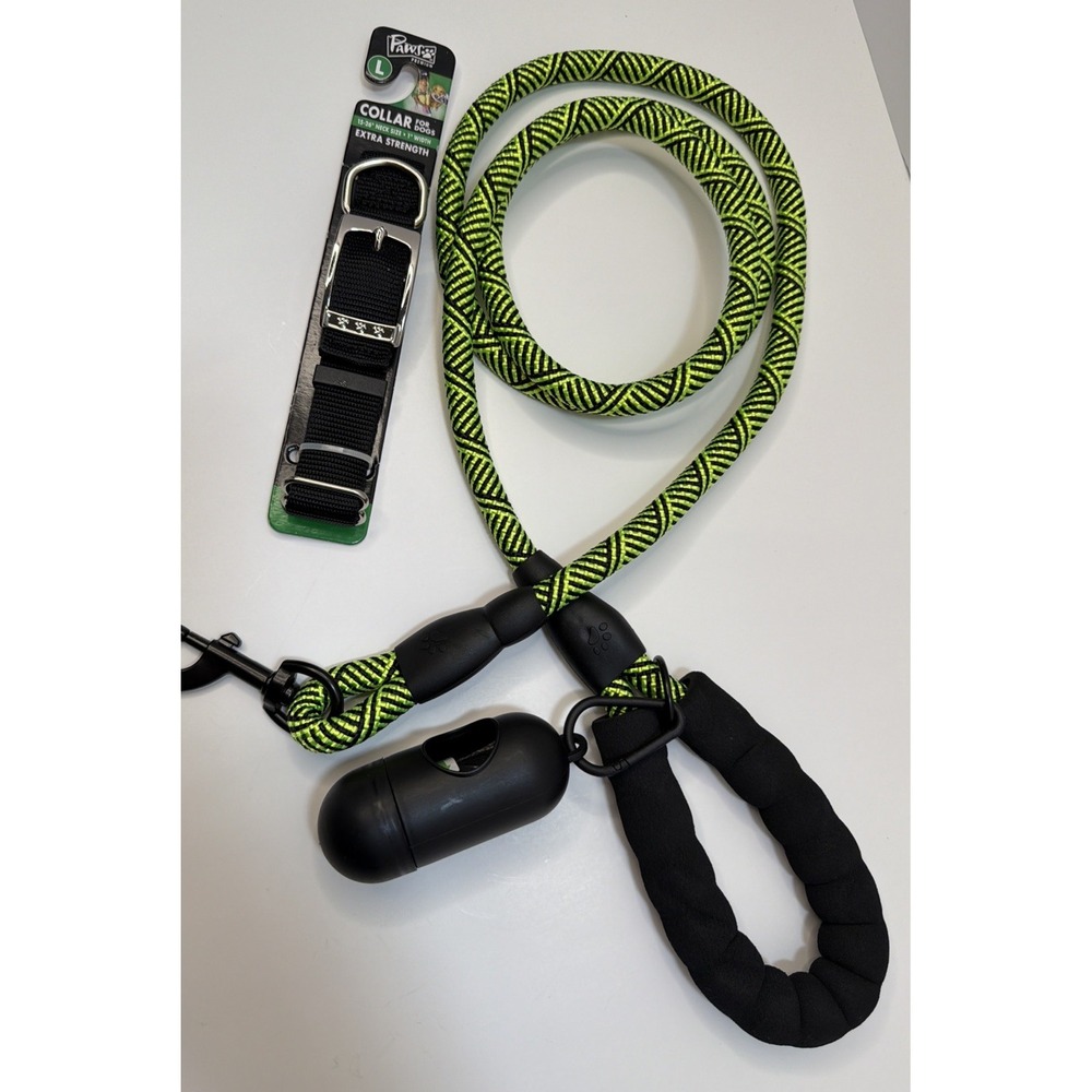 Braided Rope Leash Strong Reflective Lime Green 6ft  With Large Black Dog Collar